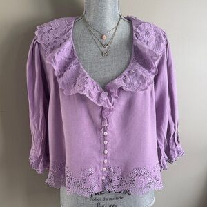 Anthropologie Lavender Linen Lace Trim Blouse XS